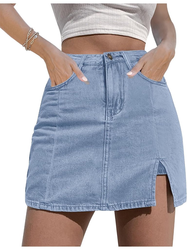 Women's Blue Fog High Waisted Stretchy Denim Mini Skirt Side Slit Jean Skirt